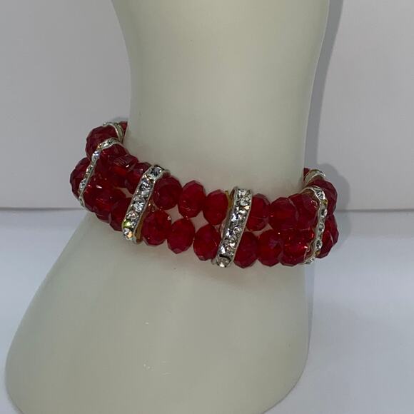Red Beaded Silver-Tone Clear Rhinestone Stretch Bracelet - Picture 1 of 6